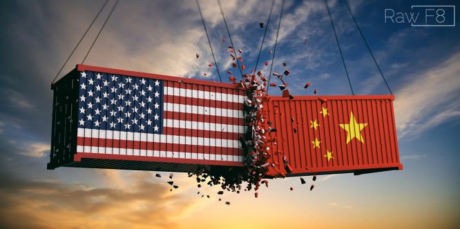 Shipping Containers usa china flag trade war sunset background